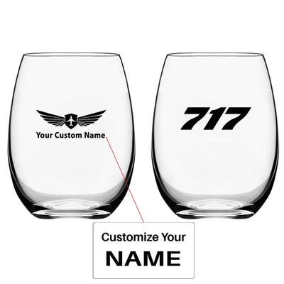 Boeing 717 Flat Text Water & Drink aviation design on water glass, crystal-clear premium glassware.
