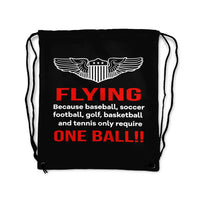 Thumbnail for Flying One Ball aviation design drawstring bag, lightweight polyester construction.