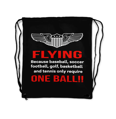 Flying One Ball aviation design drawstring bag, lightweight polyester construction.