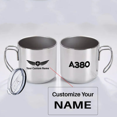Airbus A380 Flat Text aviation design on portable mug, vacuum-insulated double-wall.