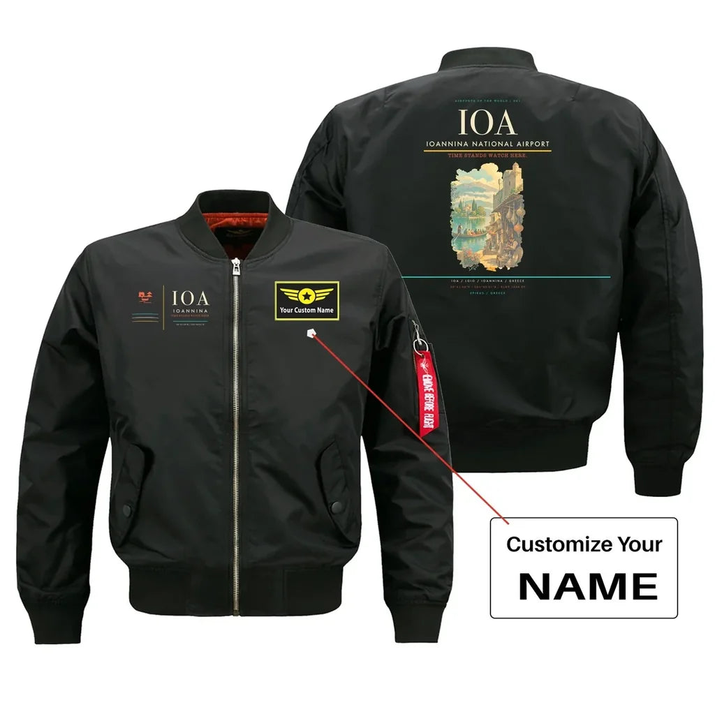 Ioannina National Airport (IOA) design on black bomber jacket with custom name patch
