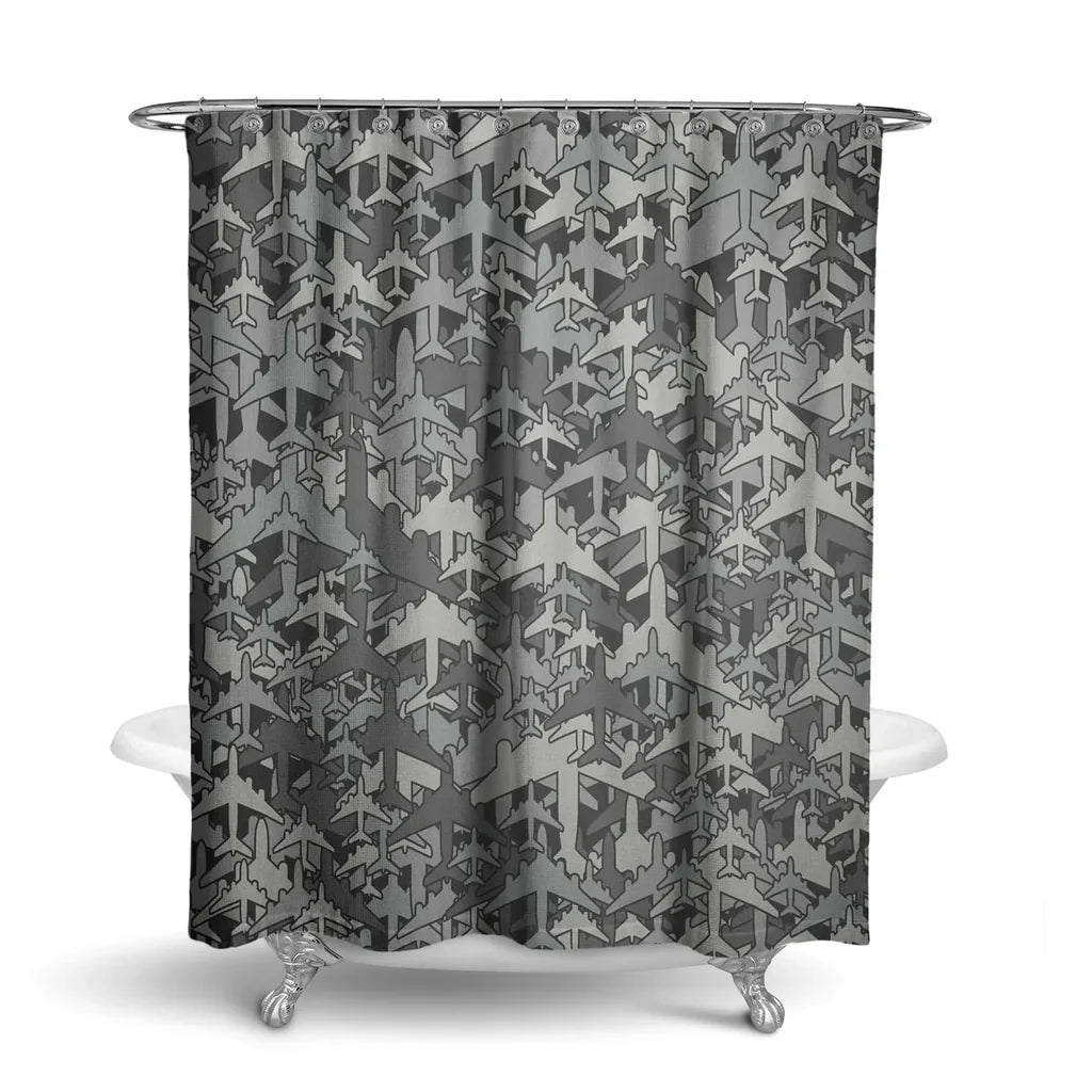 Dark Coloured Airplanes aviation design on waterproof polyester shower curtain.