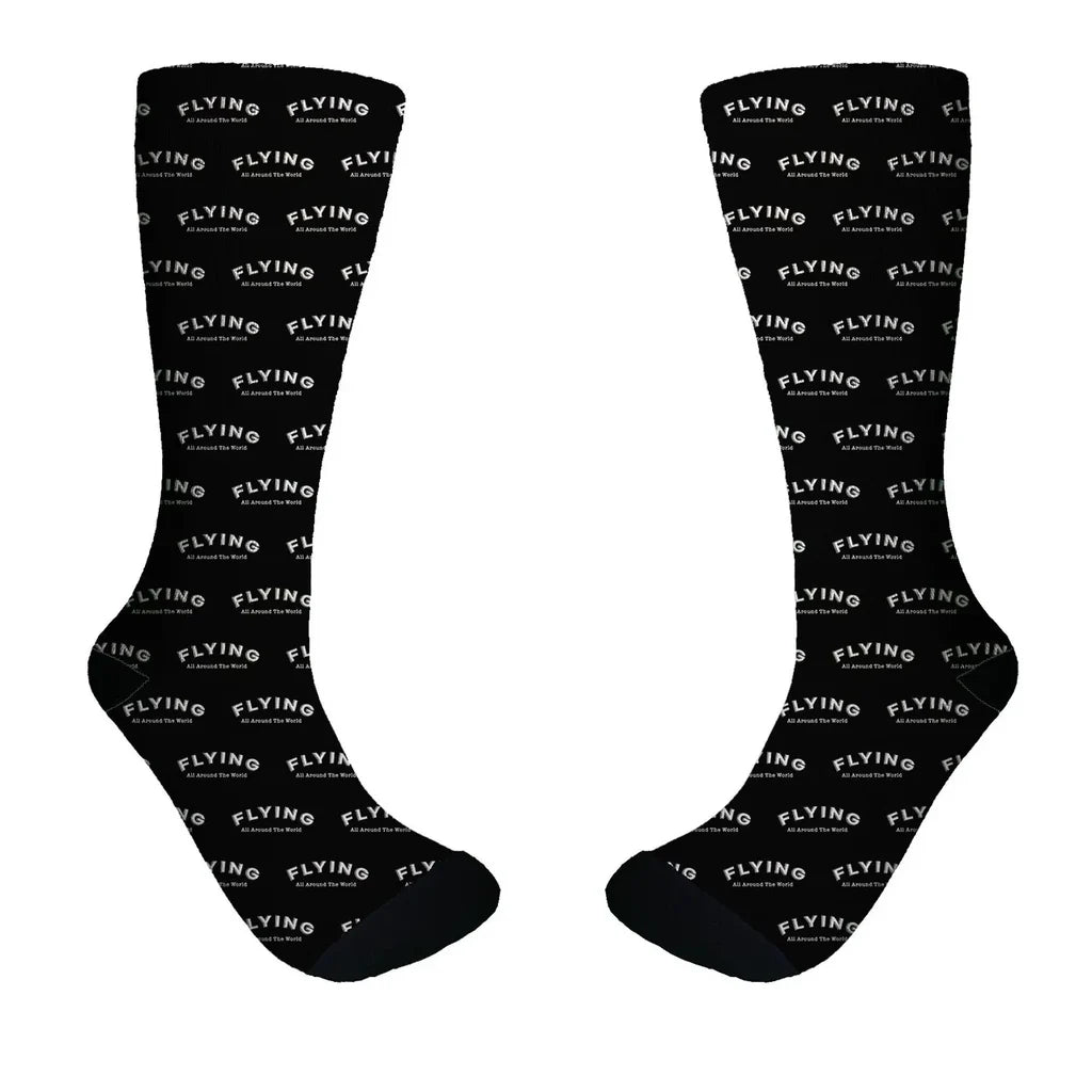 Flying All Around The World aviation design on soft cotton blend socks.