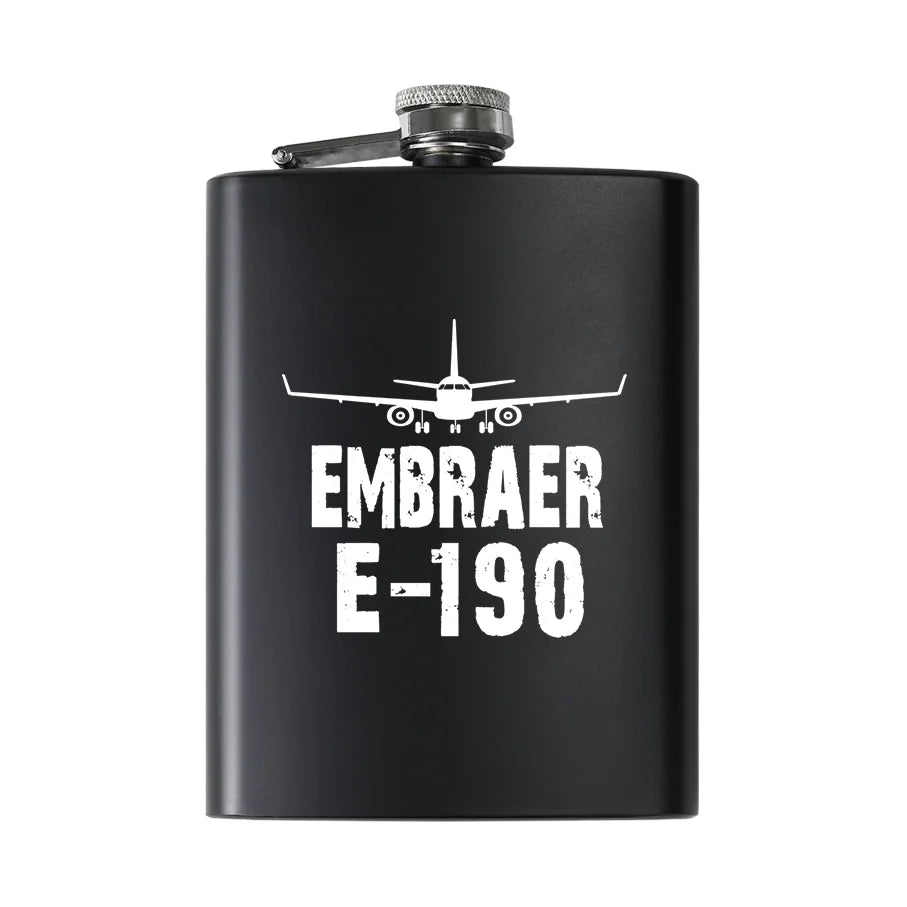 Embraer E-190 & Plane aviation design on stainless hip flask, compact pocket-size flask.