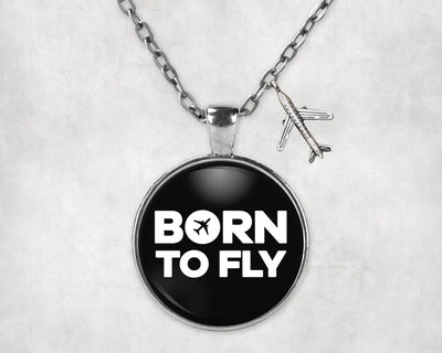 Side view of Born To Fly aviation necklace in stainless steel, polished finish.
