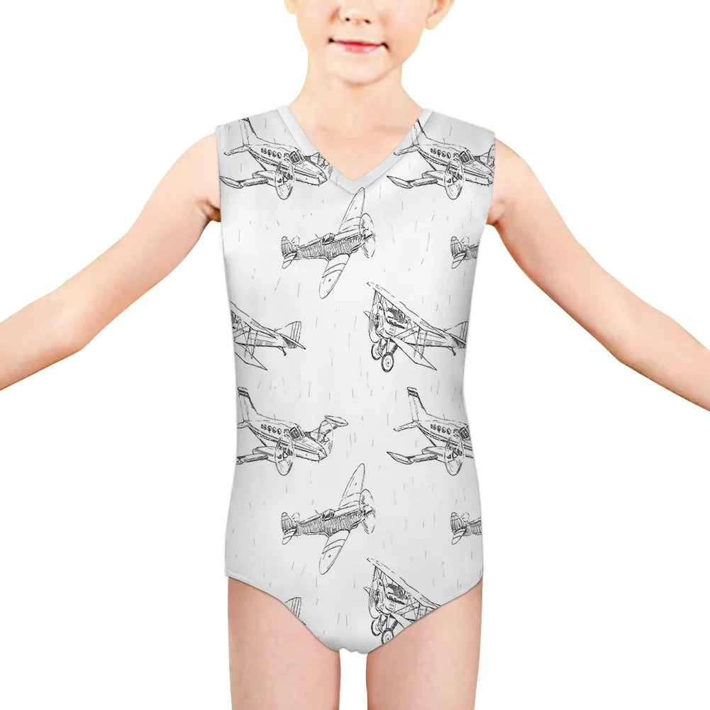 Super Aircrafts aviation print on kids quick-dry fabric swimsuit.