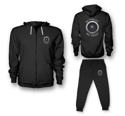 In Thrust We Trust aviation design on soft cotton blend zipped hoodie and sweatpants set.