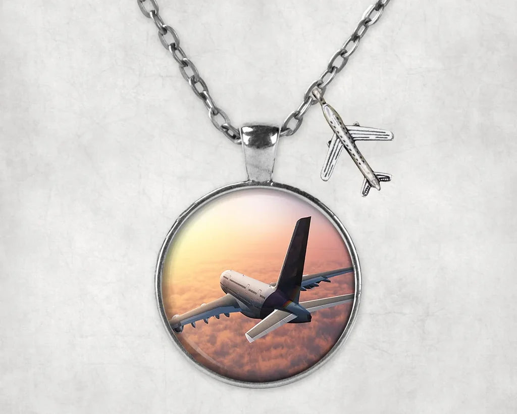 Super Cruising Airbus A380 over Clouds aviation-themed necklace, polished stainless steel.