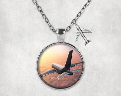 Super Cruising Airbus A380 over Clouds aviation-themed necklace, polished stainless steel.