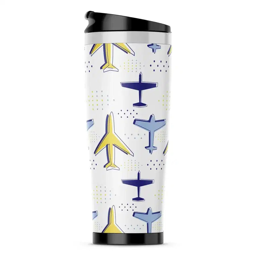 Very Colourful Airplanes aviation design on travel mug no-holder, insulated double-wall.