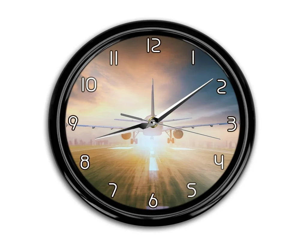 Airplane Flying Over Runway aviation themed wall clock, premium wood and metal.