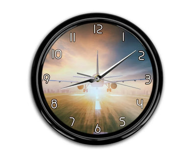 Airplane Flying Over Runway aviation themed wall clock, premium wood and metal.