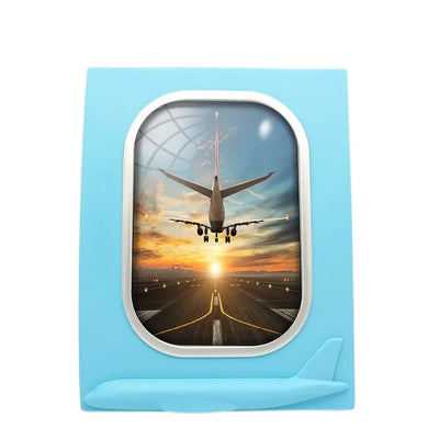 Airplane over Runway Towards the Sunrise aviation design on durable resin with glass face airplane window photo frame.