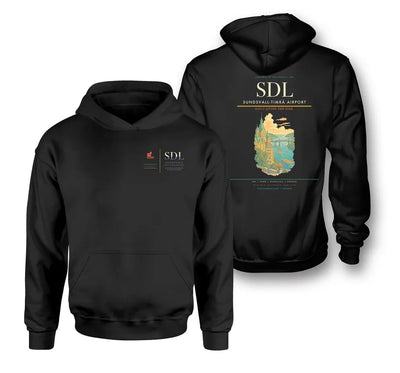 Sundsvall-Timrå Airport (SDL) design on black double-side hoodie