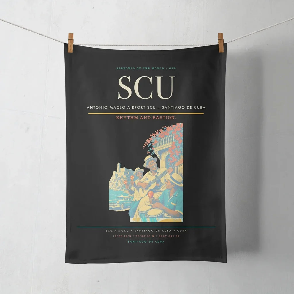 Antonio Maceo Airport (SCU) design on black towel