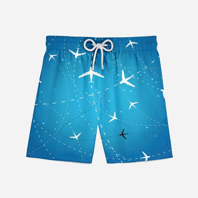 Travelling with aviation print swim trunks, quick-dry polyester.