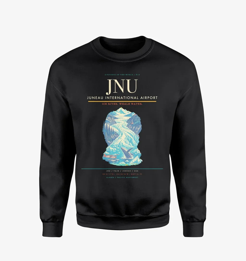 Juneau International Airport (JNU) design on black sweatshirt