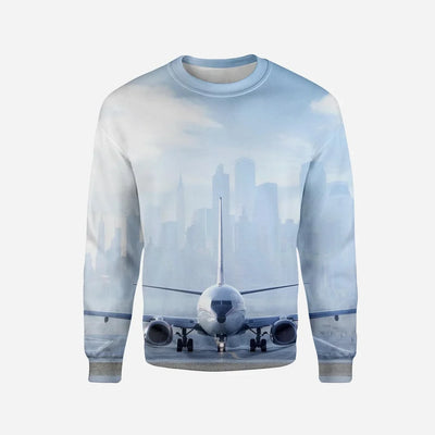 Boeing 737 & City View Behind Printed aviation design printed on soft cotton blend 3D sweatshirt.