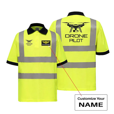 Drone Pilot aviation design printed on soft cotton reflective polo shirt.