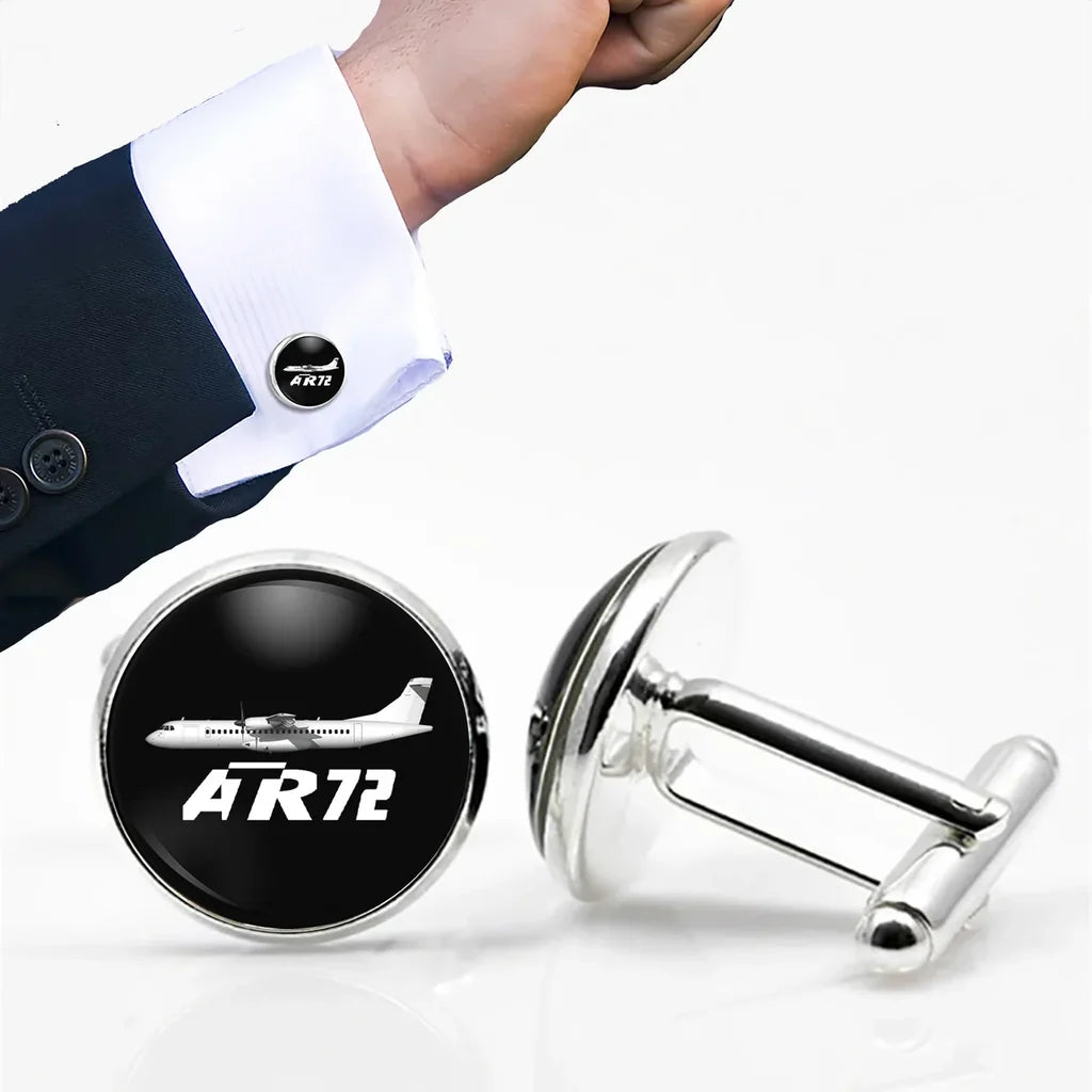 Side view of The ATR72 aviation cuff links in polished metal, polished finish.