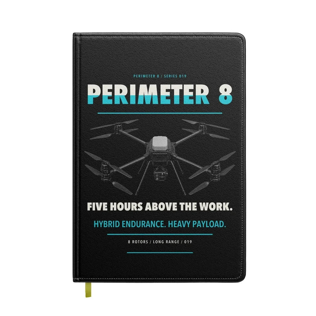Skyfront Perimeter 8 design on black notebook