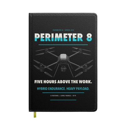 Skyfront Perimeter 8 design on black notebook