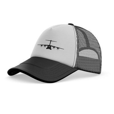 Airbus A400M Silhouette aviation embroidery on mesh-back cotton trucker cap.