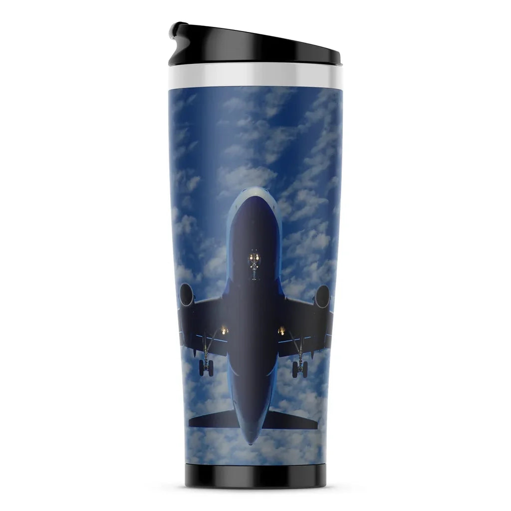 Airplane From Below aviation design on travel mug no-holder, insulated double-wall.