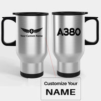 Thumbnail for Airbus A380 Flat Text Travel Mugs (With Holder) aviation design on travel mug with holder, insulated double-wall with car-cup.