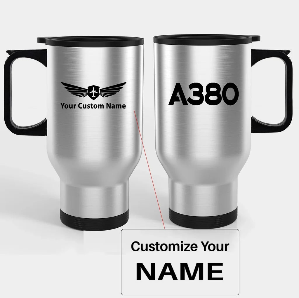 Airbus A380 Flat Text Travel Mugs (With Holder) aviation design on travel mug with holder, insulated double-wall with car-cup.