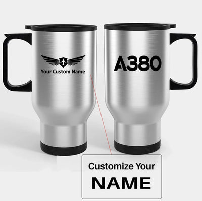 Airbus A380 Flat Text Travel Mugs (With Holder) aviation design on travel mug with holder, insulated double-wall with car-cup.