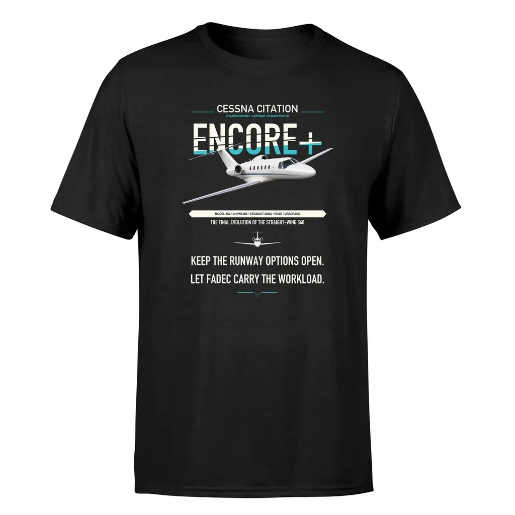 Cessna Citation Encore+ design on black double-side t-shirt, single-side print