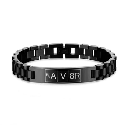 AV8R aviation-themed chain bracelet, polished stainless steel.
