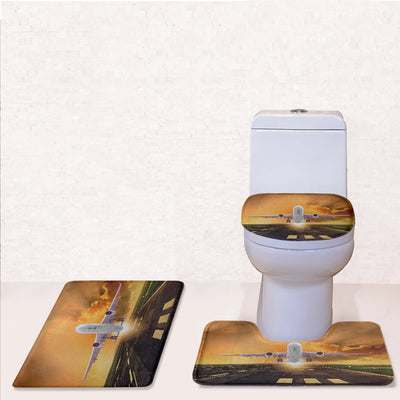 Amazing Departing Aircraft Sunset & Clouds Behind Toilet Seat Cover Three-piece aviation print on soft fabric toilet seat cov.