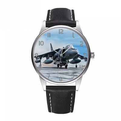 McDonnell Douglas AV-8B Harrier II aviation-themed watch with leather strap, polished leather strap.