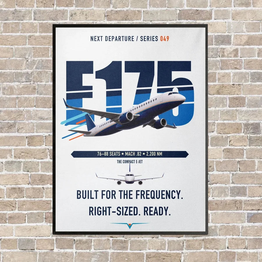 Embraer E175 vertical canvas print - framed - white background