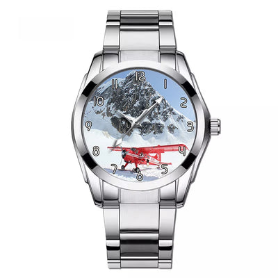Amazing Snow Airplane aviation-themed watch with stainless steel band, polished stainless steel.