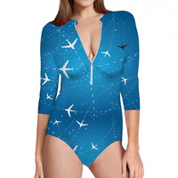 Thumbnail for Travelling with aviation design on stretch swim fabric deep-V swim bodysuit.