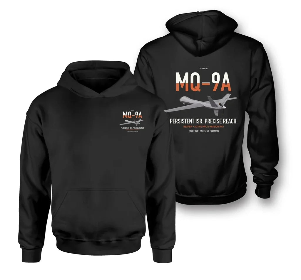 MQ-9A Reaper design on black double-side hoodie, double-side print