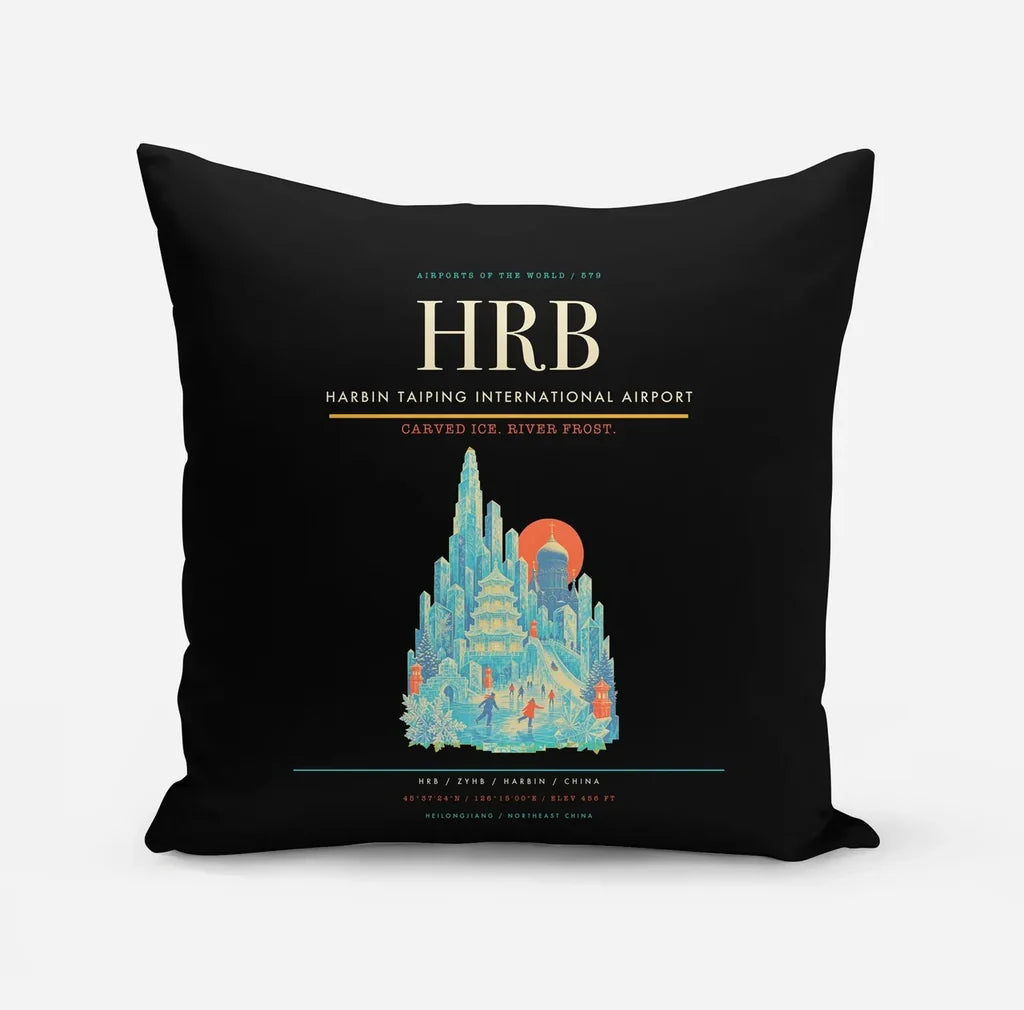 Harbin Taiping International Airport (HRB) design on black pillow