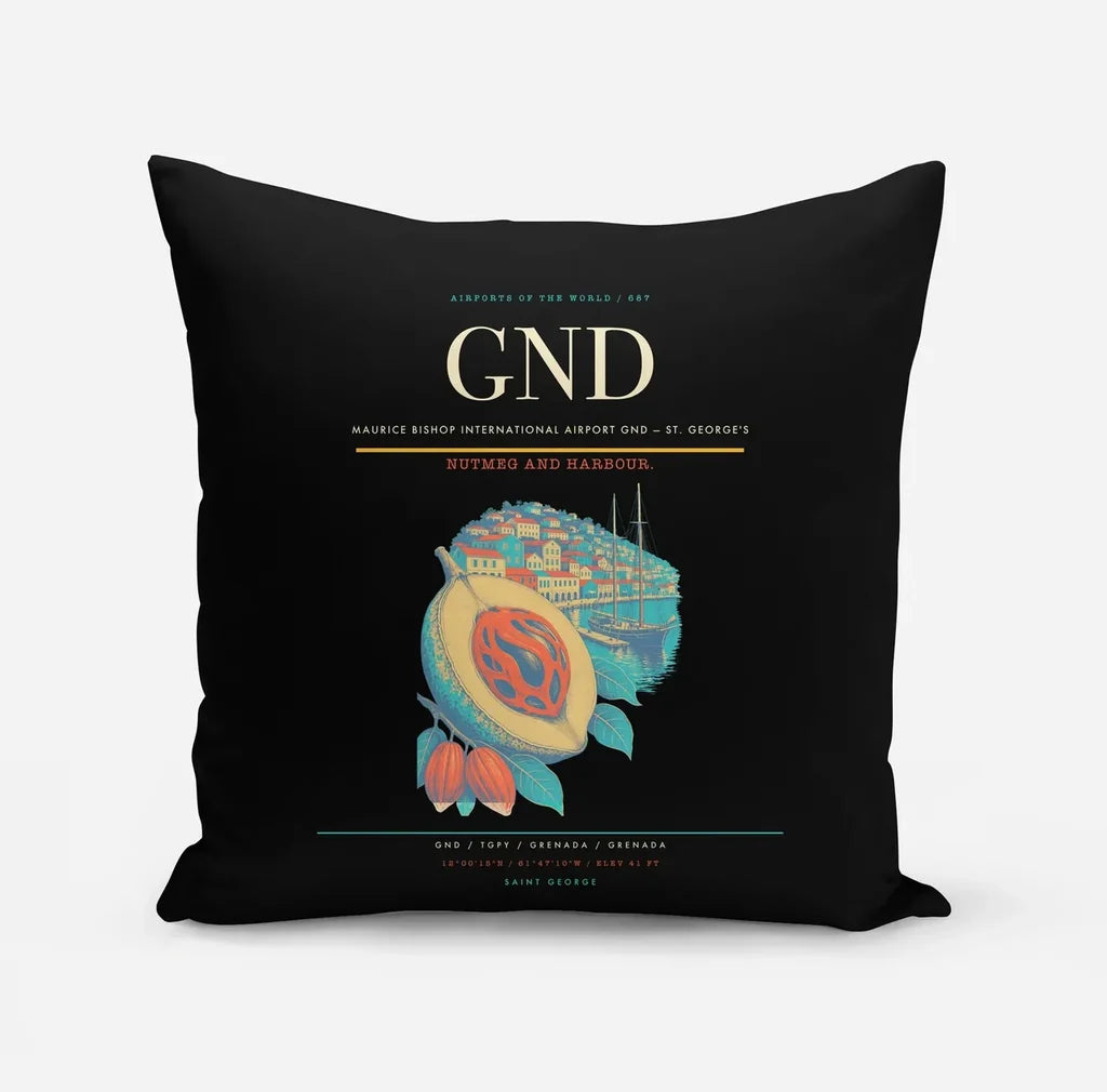 Maurice Bishop International Airport (GND) design on black pillow