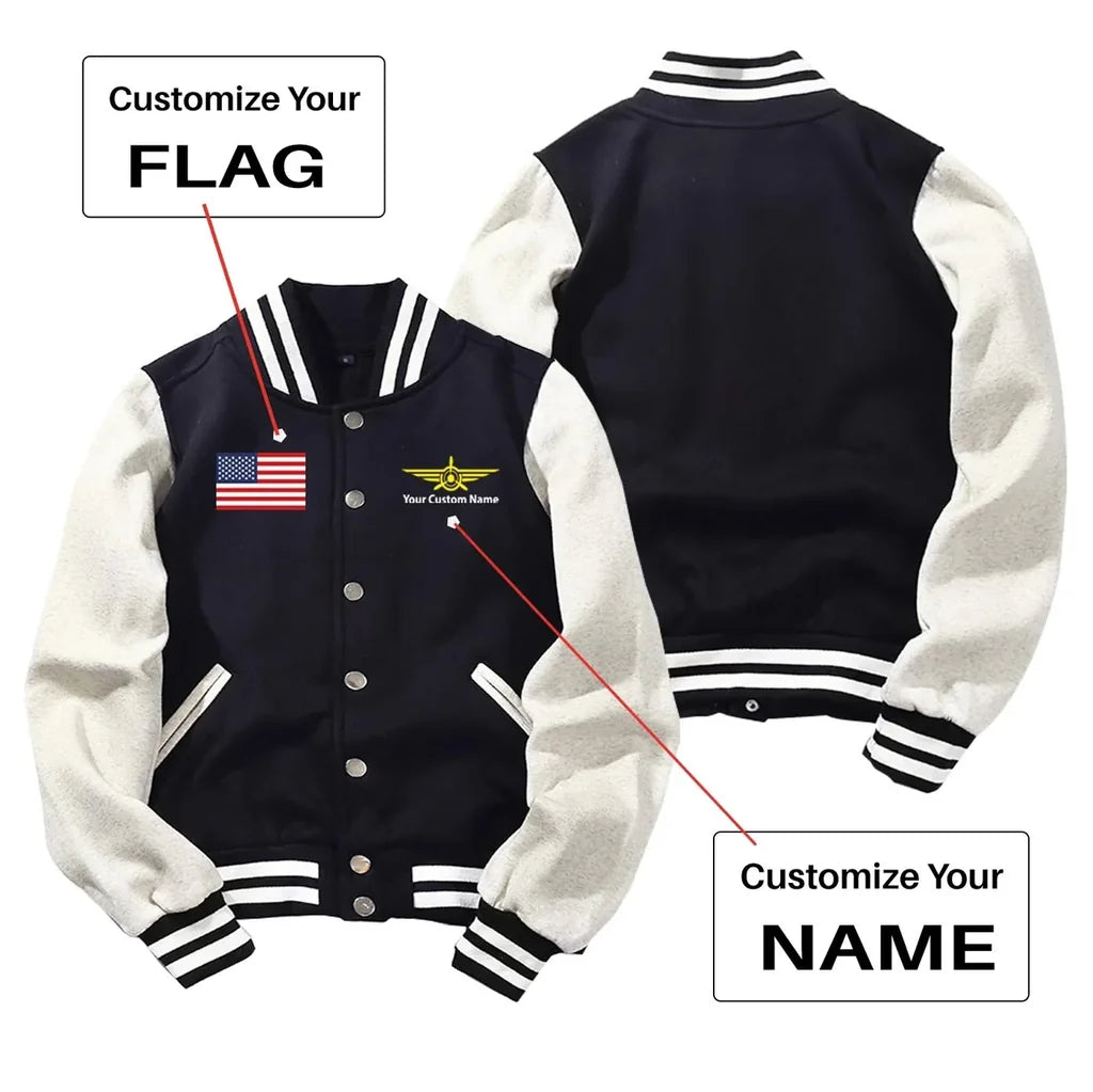 Custom Flag & Name with "Badge 3" Baseball Style aviation design printed on two-tone shell with ribbed cuffs baseball jacket.