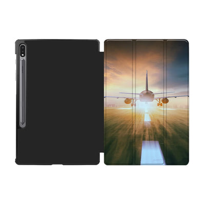 Airplane Flying Over Runway aviation design on tablet case for Samsung tablet.