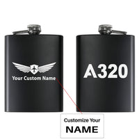 Thumbnail for Airbus A320 Flat Text aviation design on stainless hip flask, compact pocket-size flask.