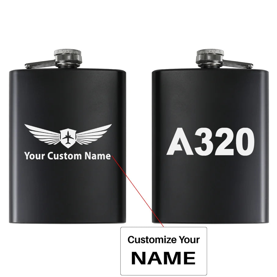 Airbus A320 Flat Text aviation design on stainless hip flask, compact pocket-size flask.