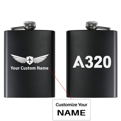 Airbus A320 Flat Text aviation design on stainless hip flask, compact pocket-size flask.