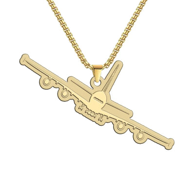 Side view of Airbus A380 Silhouette aviation hollow necklace in polished metal, polished finish.