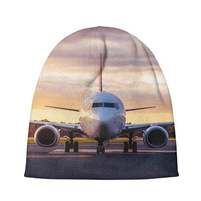 Face to Face with Boeing 737-800 During Sunset aviation embroidery on soft knit fabric 3D knit beanie.