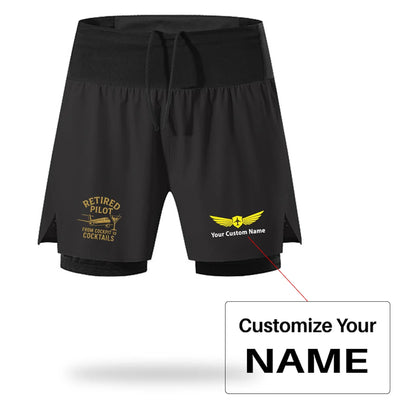 Retired Pilot & Coctails aviation design on quick-dry polyester quick-dry fitness shorts.