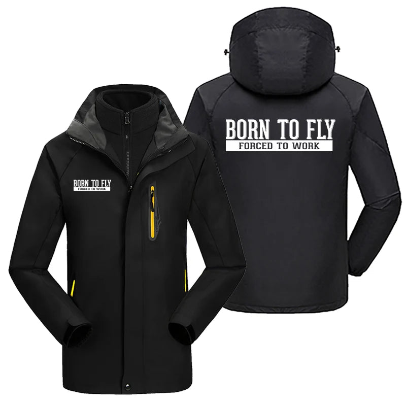 Born To Fly Forced To Work aviation design printed on heavyweight insulated shell with snow cuffs thick ski jacket.
